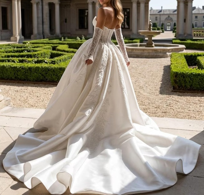 Elegant Strapless Sweetheart Satin Detachable Long Lace Sleeves Applique Long Train A-Line Wedding Dress TP5976