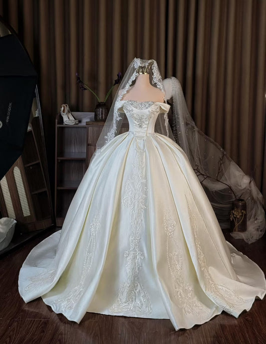 Elegant Ivory Satin Off-the-Shoulder Embroidery Beaded Long Train A-Line Wedding Dress TP5975