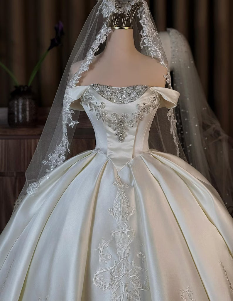 Elegant Ivory Satin Off-the-Shoulder Embroidery Beaded Long Train A-Line Wedding Dress TP5975