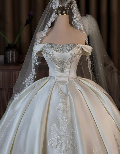 Elegant Ivory Satin Off-the-Shoulder Embroidery Beaded Long Train A-Line Wedding Dress TP5975
