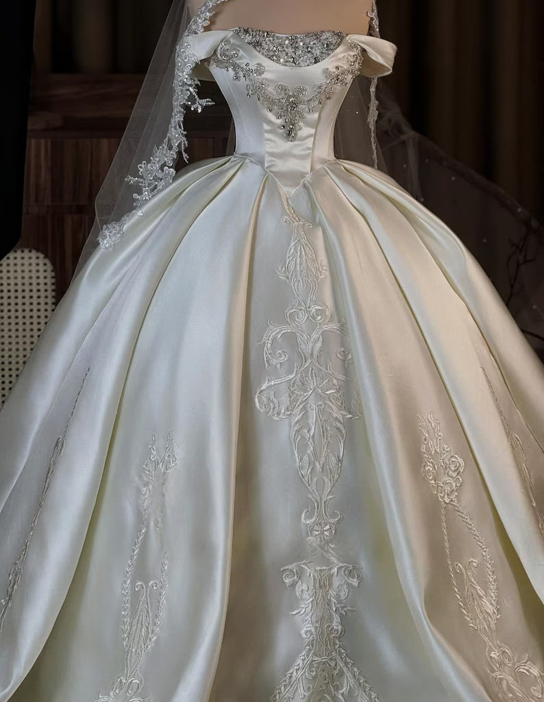 Elegant Ivory Satin Off-the-Shoulder Embroidery Beaded Long Train A-Line Wedding Dress TP5975