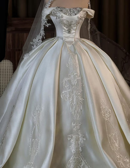 Elegant Ivory Satin Off-the-Shoulder Embroidery Beaded Long Train A-Line Wedding Dress TP5975