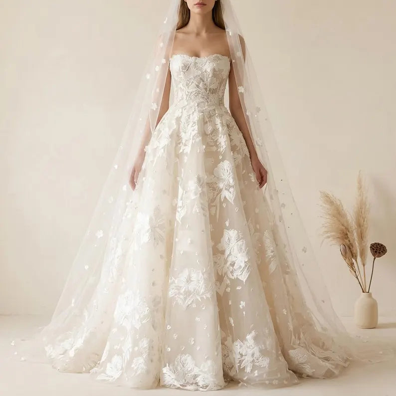 Dreamy Strapless 3D Floral Lace Tulle A-Line Wedding Dress TP5972