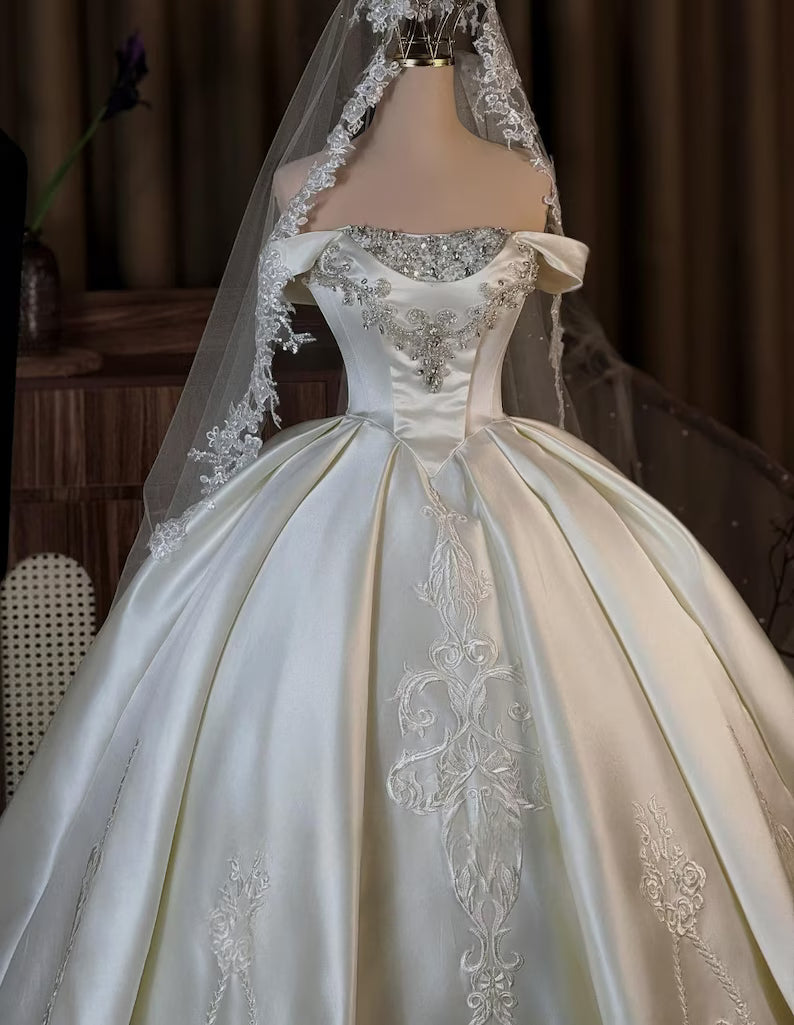 Elegant Ivory Satin Off-the-Shoulder Embroidery Beaded Long Train A-Line Wedding Dress TP5975