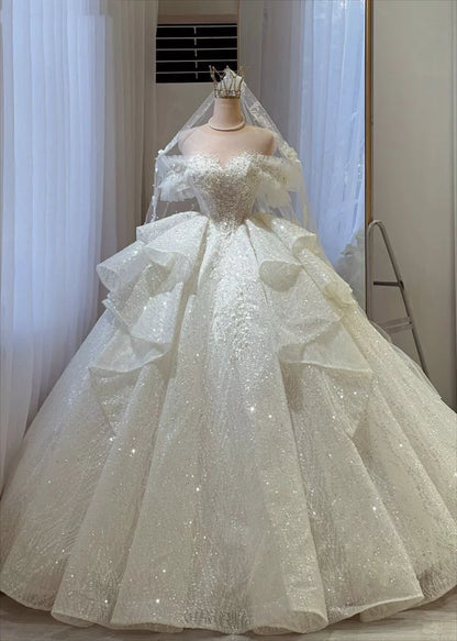 Elegant Off-the-Shoulder Puff Sleeve Sparkling Sequin Lace Ruffled Layered A-Line Wedding Dress TP5956