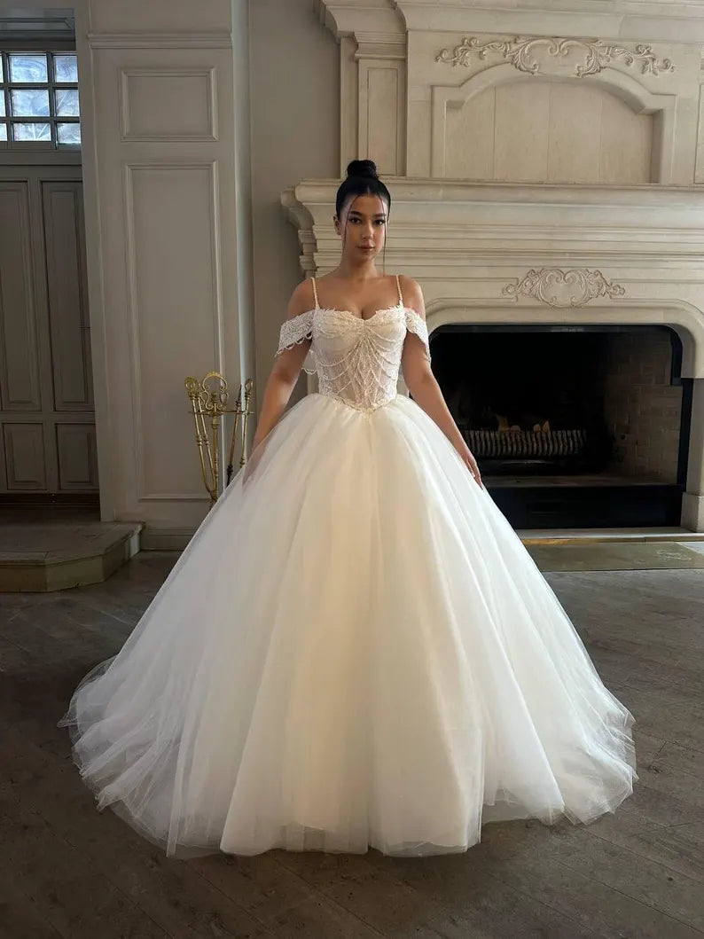 Elegant Off-the-Shoulder Spaghetti Strap Lace Sheer Corset Tulle A-Line Wedding Dress TP5963