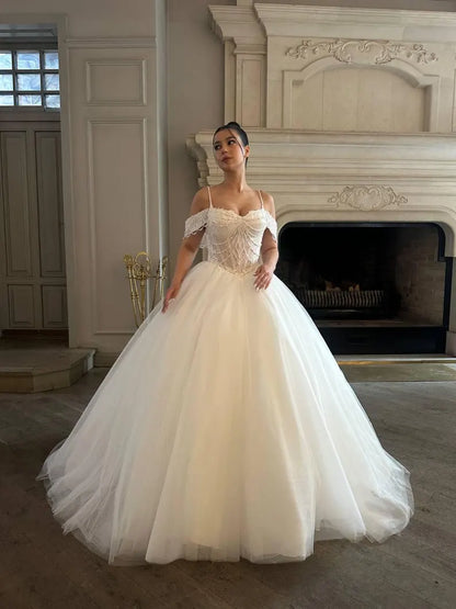 Elegant Off-the-Shoulder Spaghetti Strap Lace Sheer Corset Tulle A-Line Wedding Dress TP5963