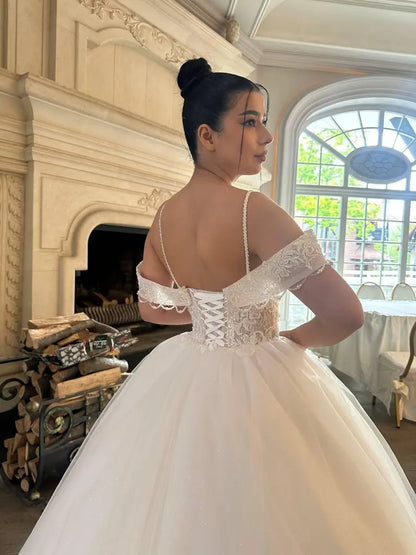 Elegant Off-the-Shoulder Spaghetti Strap Lace Sheer Corset Tulle A-Line Wedding Dress TP5963