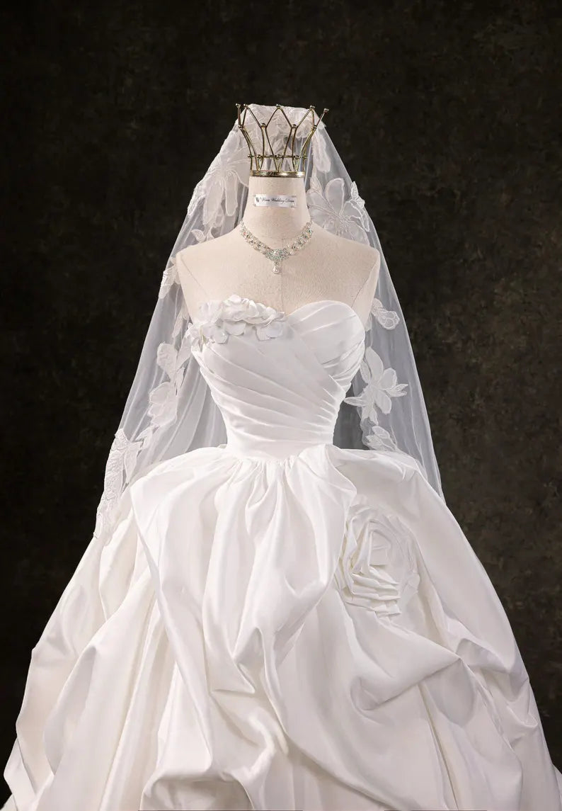 Romantic Strapless Sweetheart Ruched Satin 3D Floral Rose A-Line Wedding Dress TP5960