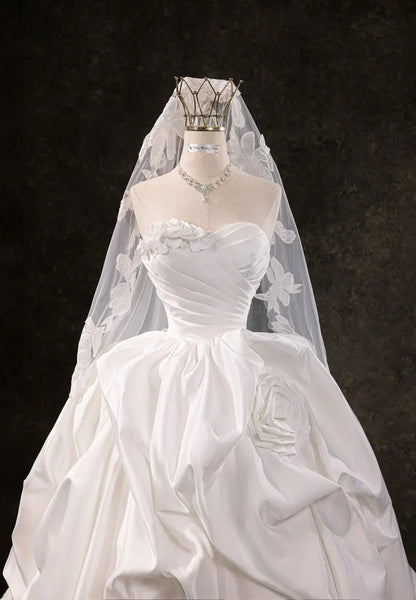 Romantic Strapless Sweetheart Ruched Satin 3D Floral Rose A-Line Wedding Dress TP5960