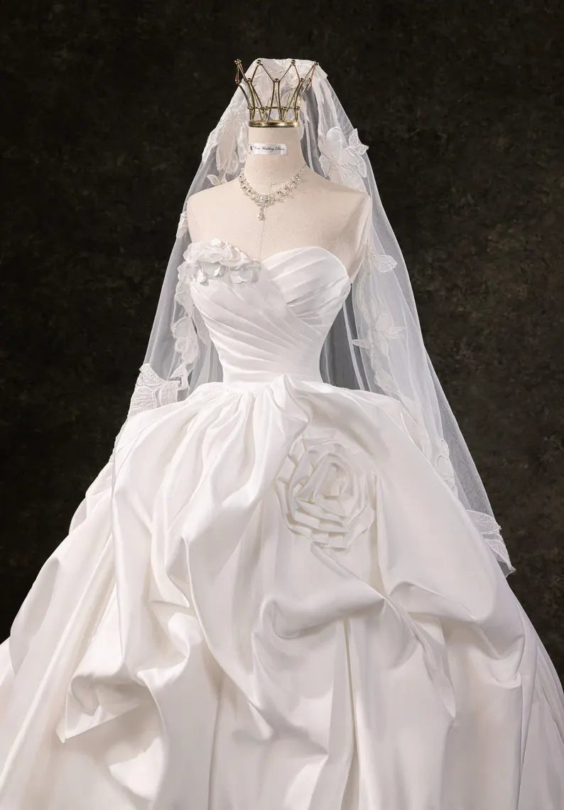 Romantic Strapless Sweetheart Ruched Satin 3D Floral Rose A-Line Wedding Dress TP5960