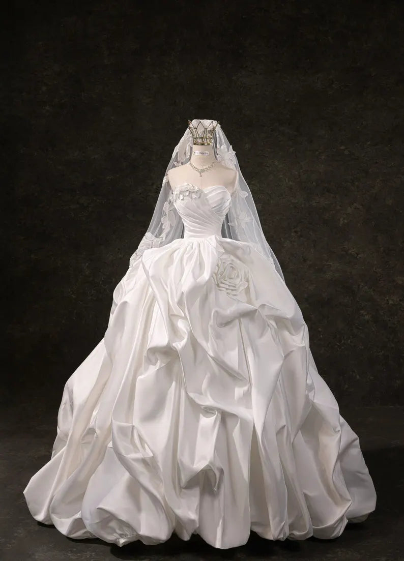 Romantic Strapless Sweetheart Ruched Satin 3D Floral Rose A-Line Wedding Dress TP5960
