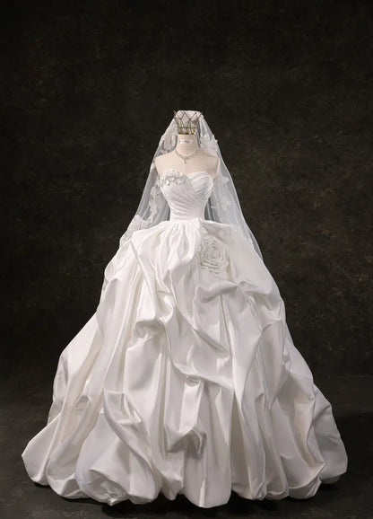 Romantic Strapless Sweetheart Ruched Satin 3D Floral Rose A-Line Wedding Dress TP5960