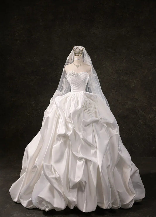 Romantic Strapless Sweetheart Ruched Satin 3D Floral Rose A-Line Wedding Dress TP5960