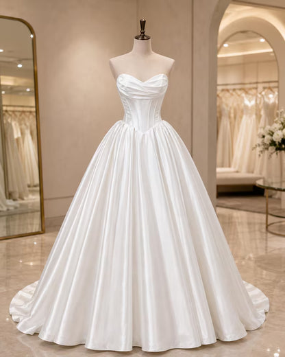 Elegant Strapless Sweetheart Draped Satin Flowy Train A-Line Wedding Dress TP5965