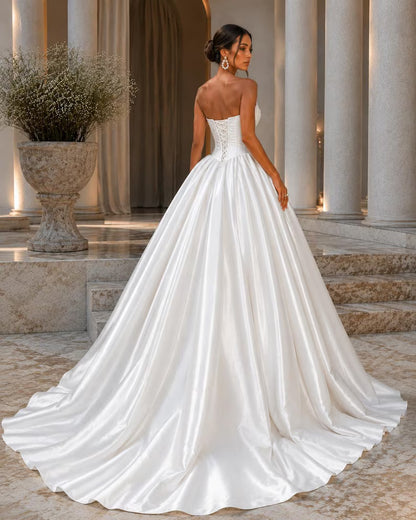 Elegant Strapless Sweetheart Draped Satin Flowy Train A-Line Wedding Dress TP5965