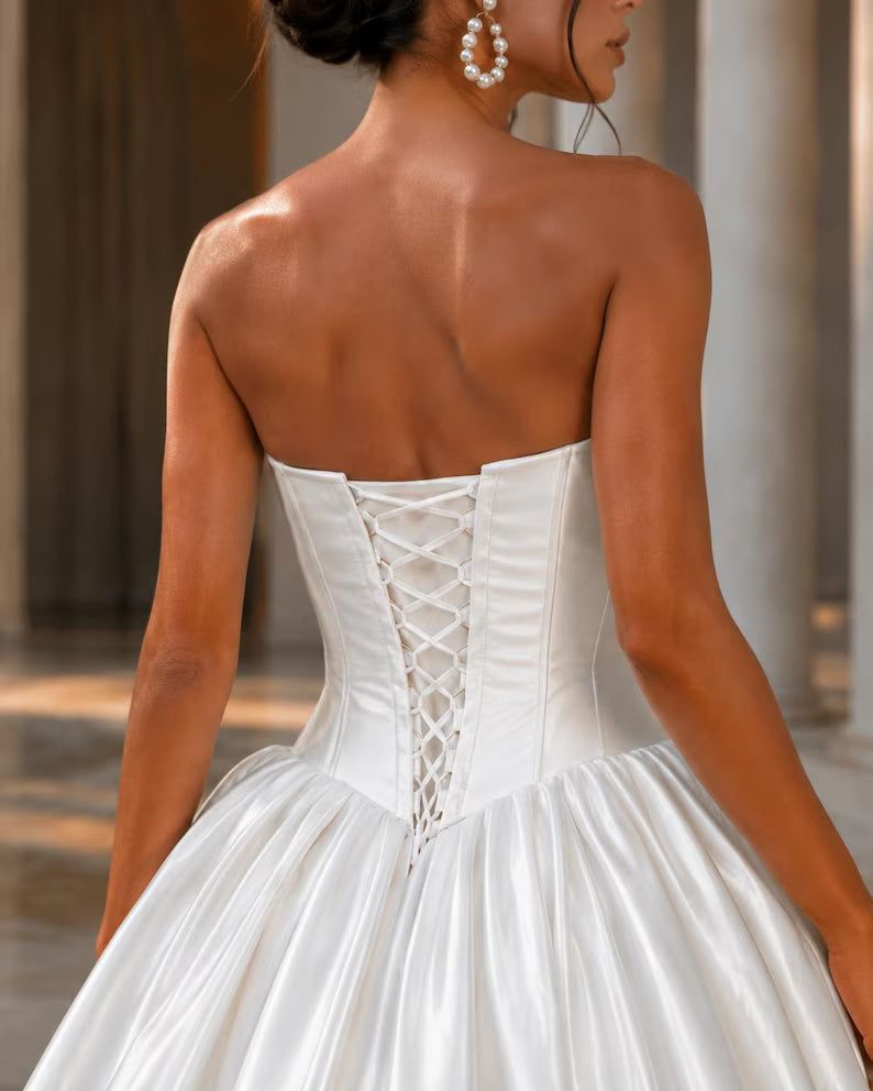 Elegant Strapless Sweetheart Draped Satin Flowy Train A-Line Wedding Dress TP5965