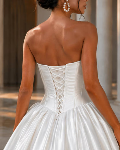 Elegant Strapless Sweetheart Draped Satin Flowy Train A-Line Wedding Dress TP5965