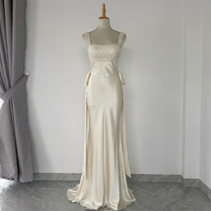 Vintage Square Neck Beaded Lace Bodice Satin Strap Mermaid Wedding Dress TP5923