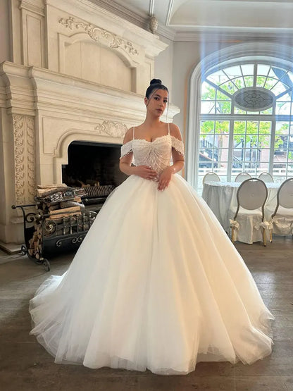 Elegant Off-the-Shoulder Spaghetti Strap Lace Sheer Corset Tulle A-Line Wedding Dress TP5963