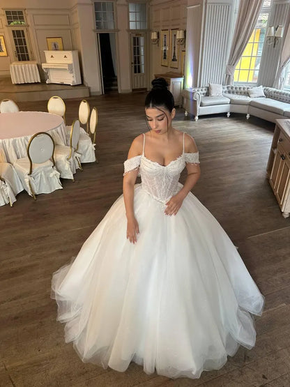 Elegant Off-the-Shoulder Spaghetti Strap Lace Sheer Corset Tulle A-Line Wedding Dress TP5963