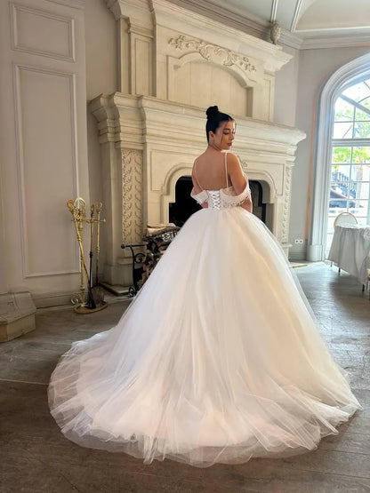 Elegant Off-the-Shoulder Spaghetti Strap Lace Sheer Corset Tulle A-Line Wedding Dress TP5963