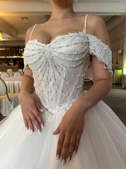 Elegant Off-the-Shoulder Spaghetti Strap Lace Sheer Corset Tulle A-Line Wedding Dress TP5963