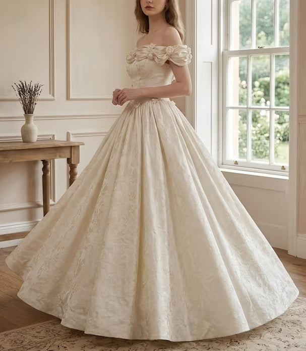 Elegant Ivory Off-the-Shoulder 3D Floral Jacquard Satin A-Line Wedding Dress TP5967