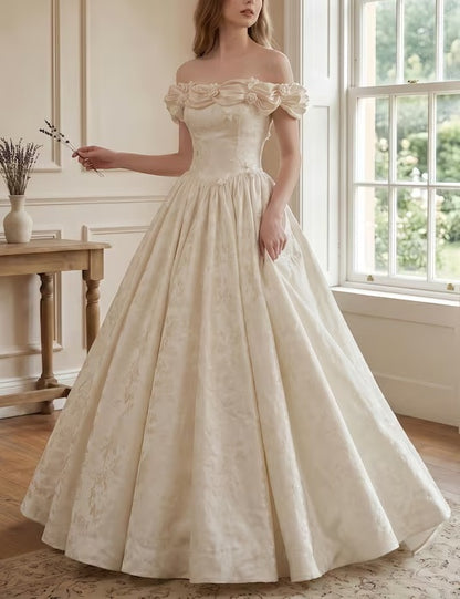 Elegant Ivory Off-the-Shoulder 3D Floral Jacquard Satin A-Line Wedding Dress TP5967