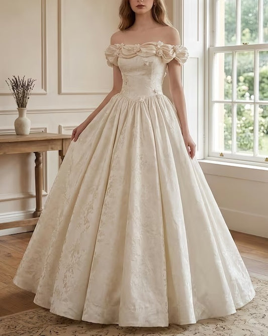 Elegant Ivory Off-the-Shoulder 3D Floral Jacquard Satin A-Line Wedding Dress TP5967
