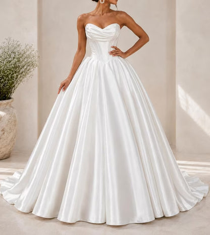 Elegant Strapless Sweetheart Draped Satin Flowy Train A-Line Wedding Dress TP5965
