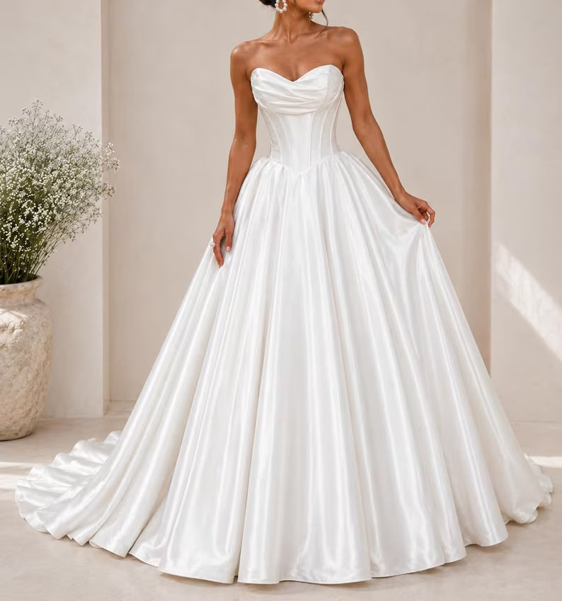 Elegant Strapless Sweetheart Draped Satin Flowy Train A-Line Wedding Dress TP5965