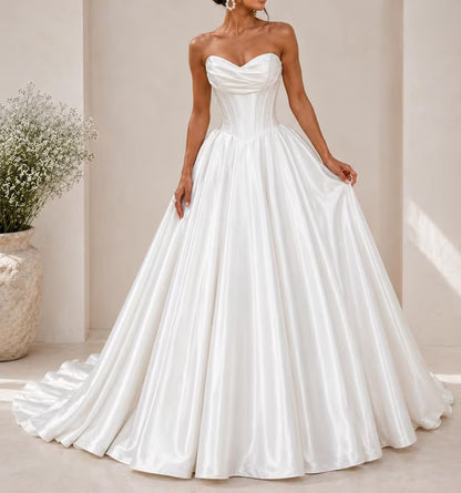 Elegant Strapless Sweetheart Draped Satin Flowy Train A-Line Wedding Dress TP5965