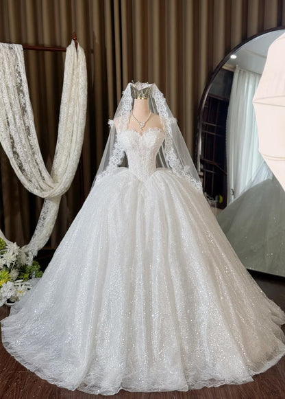 Vintage Strapless Sweetheart Glitter Tulle Lace A-Line Cathedral Train Wedding Dress TP5980