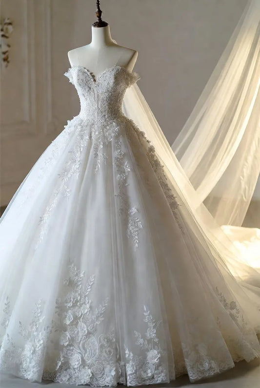 Elegant Off-the-Shoulder Sweetheart Tulle 3D Floral Lace Appliques Long Sheer Train A-Line Wedding Dress TP5974