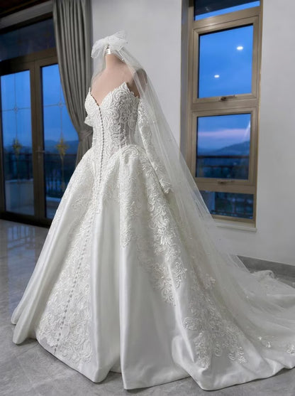 Elegant Off-the-Shoulder Sweetheart Lace Satin Puff Long Sleeves Embroidered Cathedral Train A-Line Wedding Dress TP5977