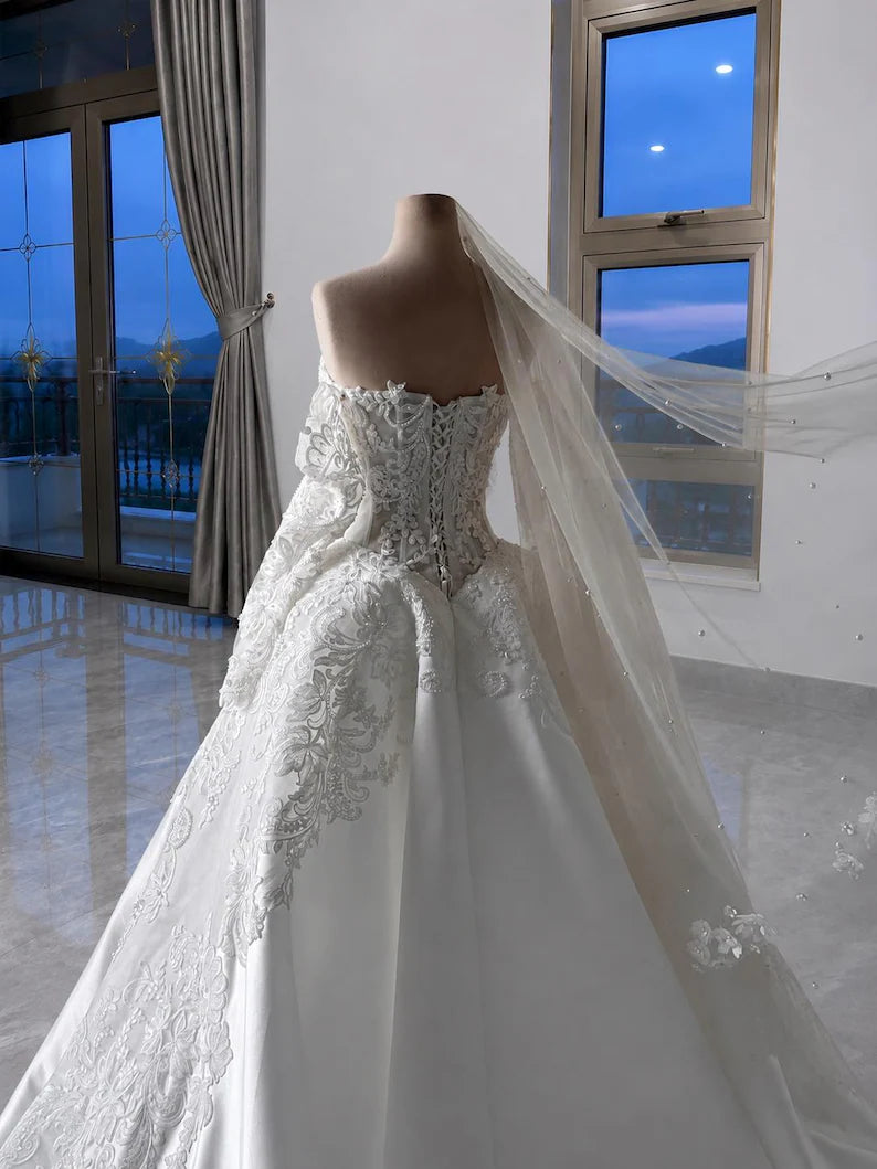 Elegant Off-the-Shoulder Sweetheart Lace Satin Puff Long Sleeves Embroidered Cathedral Train A-Line Wedding Dress TP5977