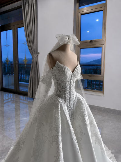 Elegant Off-the-Shoulder Sweetheart Lace Satin Puff Long Sleeves Embroidered Cathedral Train A-Line Wedding Dress TP5977