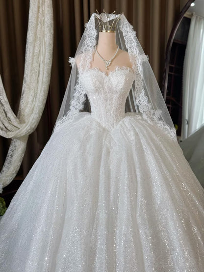 Vintage Strapless Sweetheart Glitter Tulle Lace A-Line Cathedral Train Wedding Dress TP5980