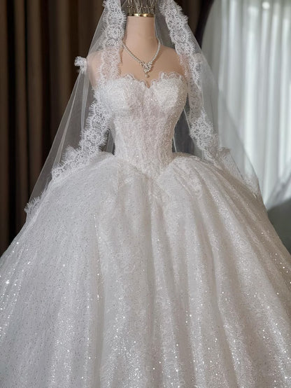 Vintage Strapless Sweetheart Glitter Tulle Lace A-Line Cathedral Train Wedding Dress TP5980