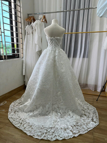 Elegant Ivory Strapless Floral Sequin Embroidery Chapel Train A-Line Wedding Dress TP5970
