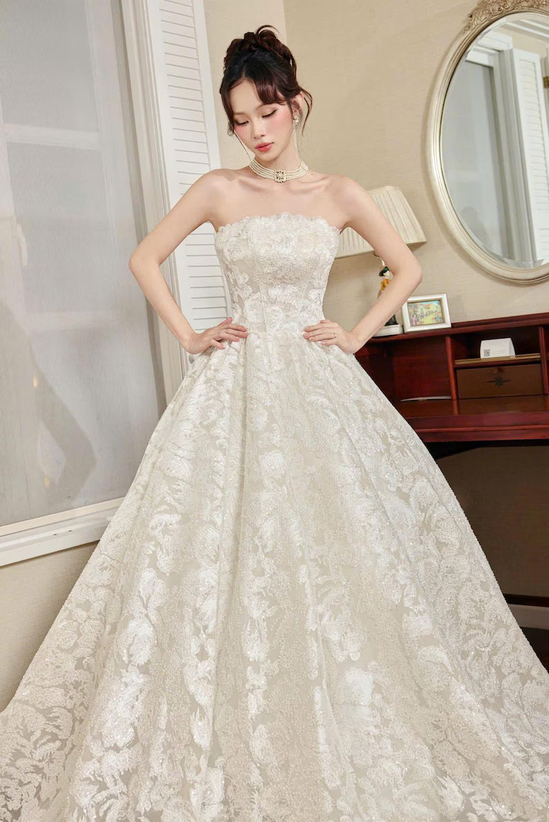 Elegant Ivory Strapless Floral Sequin Embroidery Chapel Train A-Line Wedding Dress TP5970