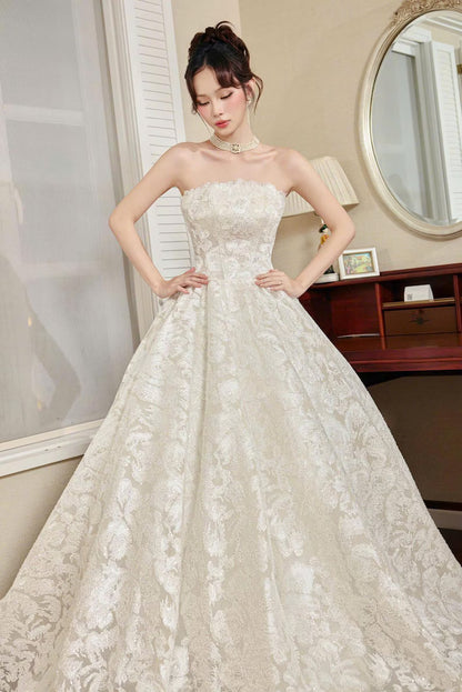 Elegant Ivory Strapless Floral Sequin Embroidery Chapel Train A-Line Wedding Dress TP5970