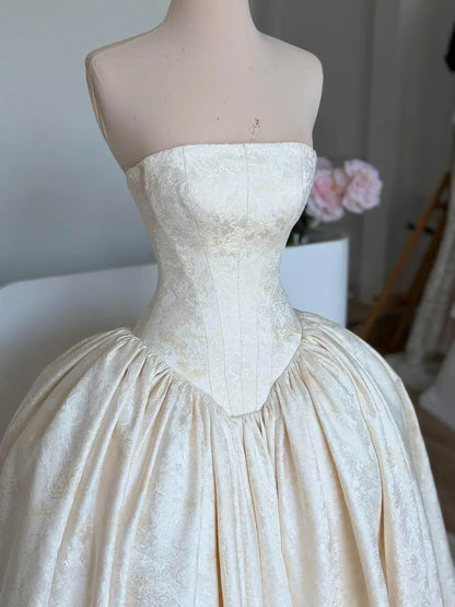 Elegant Champagne Strapless Jacquard Satin A-Line Wedding Dress TP5925