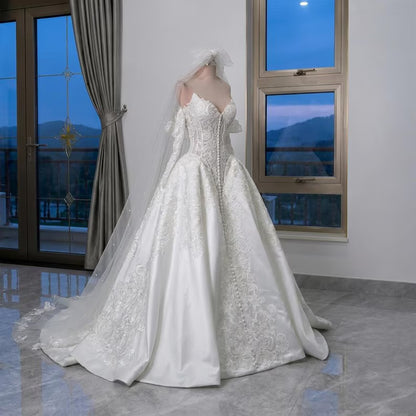 Elegant Off-the-Shoulder Sweetheart Lace Satin Puff Long Sleeves Embroidered Cathedral Train A-Line Wedding Dress TP5977
