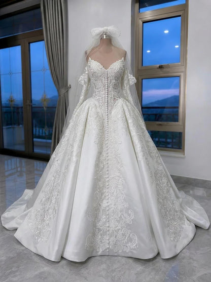 Elegant Off-the-Shoulder Sweetheart Lace Satin Puff Long Sleeves Embroidered Cathedral Train A-Line Wedding Dress TP5977
