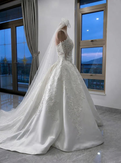Elegant Off-the-Shoulder Sweetheart Lace Satin Puff Long Sleeves Embroidered Cathedral Train A-Line Wedding Dress TP5977