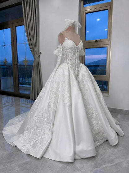 Elegant Off-the-Shoulder Sweetheart Lace Satin Puff Long Sleeves Embroidered Cathedral Train A-Line Wedding Dress TP5977