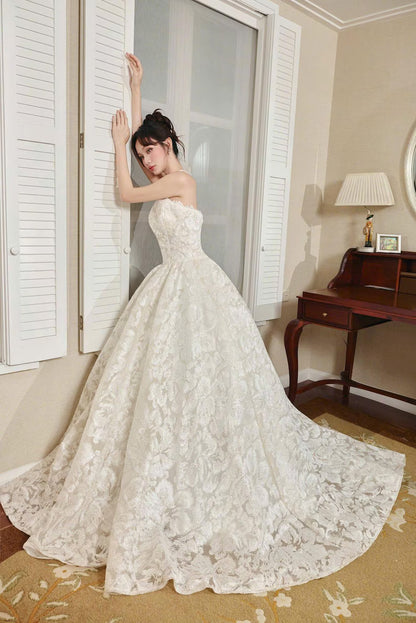 Elegant Ivory Strapless Floral Sequin Embroidery Chapel Train A-Line Wedding Dress TP5970