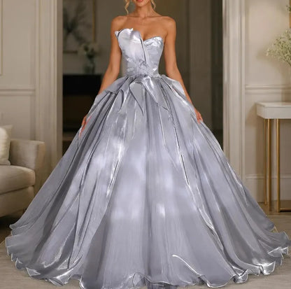 Dreamy Silver Strapless Sweetheart Layered Ruffle Organza Sweet 16 Quinceanera Ball Gown TP5962